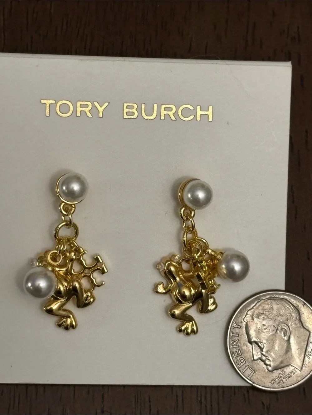 Brand new Tory Burch Gold plated Frog Drop Earrings with White Pearls